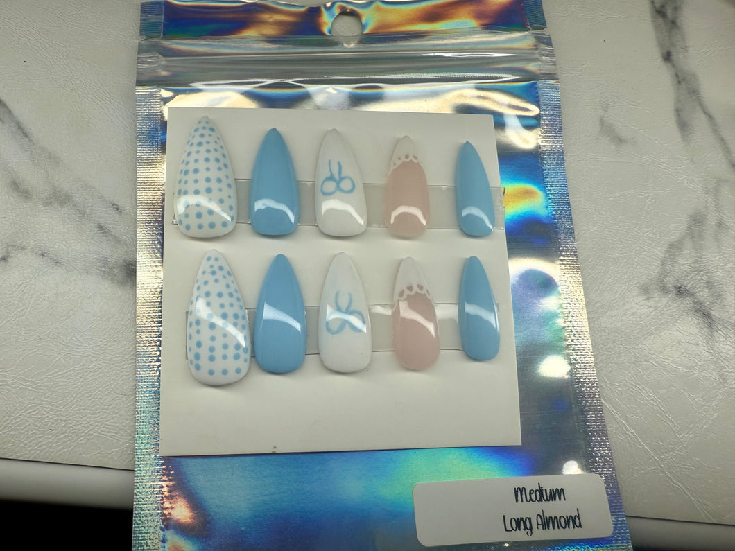 Blue Bow Press On Nails
