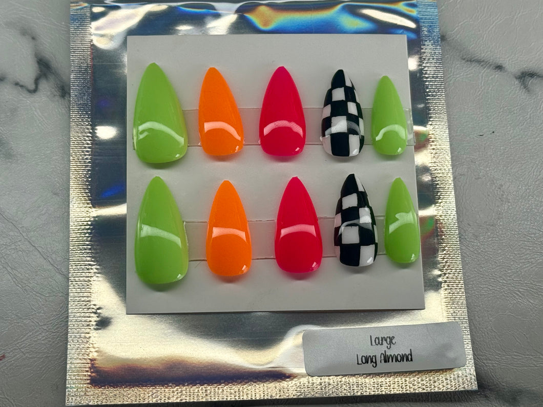 Neon Checker Press On Nails
